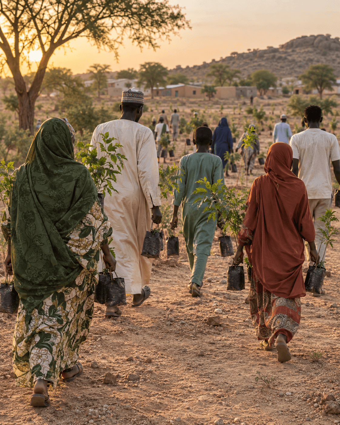 Representative editorial image of a Nigerian community carrying seedlings to a restoration site
